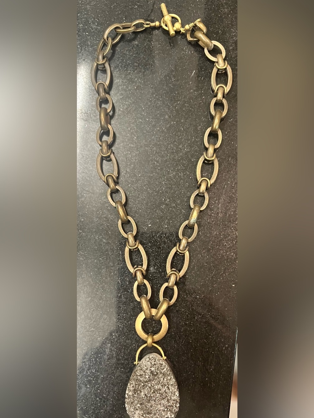 Gold-Tone Oval Link Necklace with Silver Druzy Teardrop Pendant